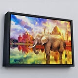 Beyaz Çerçeveli Fil ve Taç Mahal Manzaralı Yağlıboya Görünüm Dekoratif Kanvas Duvar Tablosu