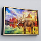 Kahverengi Çerçeveli Fil ve Taç Mahal Manzaralı Yağlıboya Görünüm Dekoratif Kanvas Duvar Tablosu