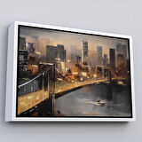 Beyaz Çerçeveli New York Nehir ve Köprü Manzarası Duvar Tablosu