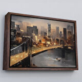Beyaz Çerçeveli New York Nehir ve Köprü Manzarası Duvar Tablosu