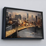 Beyaz Çerçeveli New York Nehir ve Köprü Manzarası Duvar Tablosu