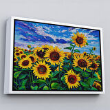 Siyah Çerçeveli Ayçiçeği Tarlası Yağlıboya Görünüm Dekoratif Kanvas Duvar Tablosu