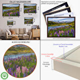 Kahverengi Çerçeveli Nehir Dağ ve Mor Acı Bakla Çiçekleri Manzarası Duvar Tablosu