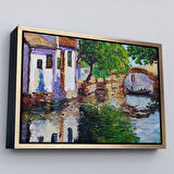 Beyaz Çerçeveli Yağlıboya Kanal Manzarası Dekoratif Kanvas Duvar Tablosu