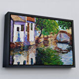 Beyaz Çerçeveli Yağlıboya Kanal Manzarası Dekoratif Kanvas Duvar Tablosu