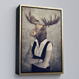 Beyaz Çerçeveli Geyik Kafalı İnsan Kanvas Tablo