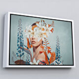 Beyaz Çerçeveli Çiçekler İçindeki Güzel Kadın Portresi Kanvas Tablo