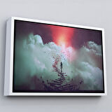 Siyah Çerçeveli Gökyüzüne Giden Kırık Merdivenlerde Duran Genç Kadın Kanvas Tablosu