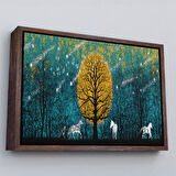 Beyaz Çerçeveli Geceyarısı Ormanda Gezen Atlar Kanvas Tablosu