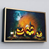 Beyaz Çerçeveli Gaz Lambası ve Oymalı Kabaklar, Cadılar Bayramı Dekoratif Duvar Tablosu