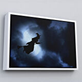 Altın Çerçeveli Süpürgede Uçan Cadı, Cadılar Bayramı Dekoratif Duvar Tablosu