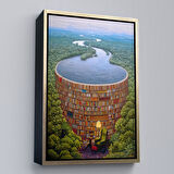 Altın Çerçeveli Gerçeküstü Bir Kütüphane Kanvas Tablo, Çalışma Odası Hediyesi, Kütüphane Posteri