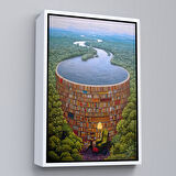 Altın Çerçeveli Gerçeküstü Bir Kütüphane Kanvas Tablo, Çalışma Odası Hediyesi, Kütüphane Posteri