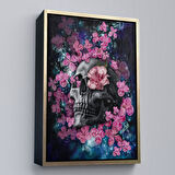 Kahverengi Çerçeveli İskelet Kafa ve Pembe Çiçekler Kanvas Tablo Duvar Sanatı
