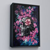Siyah Çerçeveli İskelet Kafa ve Pembe Çiçekler Kanvas Tablo Duvar Sanatı