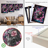 Siyah Çerçeveli İskelet Kafa ve Pembe Çiçekler Kanvas Tablo Duvar Sanatı