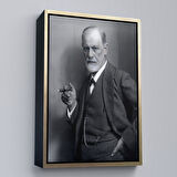 Kahverengi Çerçeveli Sigmund Freud Elinde Puro ile Siyah Beyaz Fotoğrafı Kanvas Tablo
