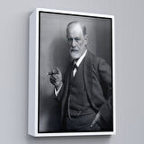 Kahverengi Çerçeveli Sigmund Freud Elinde Puro ile Siyah Beyaz Fotoğrafı Kanvas Tablo