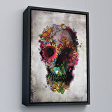 Beyaz Çerçeveli Şeker Kafatası Rengarenk Çiçekli Kafatası Ölülerin Günü Kanvas Tablo