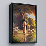 Kahverengi Çerçeveli Kuzularla Göl Kenarında Duran İsa Mesih, Hristiyan Kilise Hediyesi Kanvas Tablo