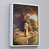 Kahverengi Çerçeveli Kuzularla Göl Kenarında Duran İsa Mesih, Hristiyan Kilise Hediyesi Kanvas Tablo