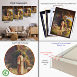 Kahverengi Çerçeveli Kuzularla Göl Kenarında Duran İsa Mesih, Hristiyan Kilise Hediyesi Kanvas Tablo