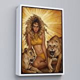 Beyaz Çerçeveli Aslanlarla Oturan Sarışın Vahşi Kadın Kanvas Tablo