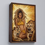 Beyaz Çerçeveli Aslanlarla Oturan Sarışın Vahşi Kadın Kanvas Tablo