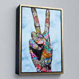 Kahverengi Çerçeveli Kanvas Tablo Graffiti Zafer İşareti Bansky Duvar Sanatı, Graffiti Sokak Sanatı