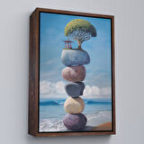 Siyah Çerçeveli Sahilde Renkli Denge Taşları Kanvas Tablo, Terapi, Meditasyon, Yoga Baskısı