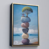 Siyah Çerçeveli Sahilde Renkli Denge Taşları Kanvas Tablo, Terapi, Meditasyon, Yoga Baskısı