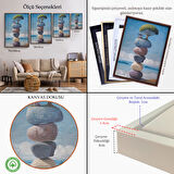 Siyah Çerçeveli Sahilde Renkli Denge Taşları Kanvas Tablo, Terapi, Meditasyon, Yoga Baskısı