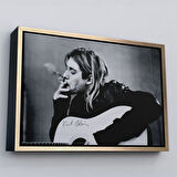 Altın Çerçeveli Kurt Cobain Sigara İçen Ünlü Baskı Duvar Sanatı Kanvas Tablo, Nirvana Baskı
