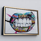 Altın Çerçeveli Renkli Dudak Graffiti Kanvas Tablo, Banksy Sokak Sanatı