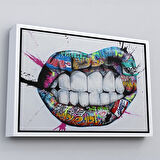 Beyaz Çerçeveli Renkli Dudak Graffiti Kanvas Tablo, Banksy Sokak Sanatı