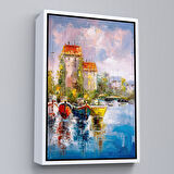 Beyaz Çerçeveli Liman Manzarası Yağlıboya Görünüm Dekoratif Kanvas Duvar Tablosu