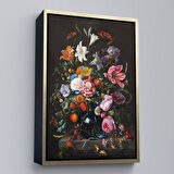 Kahverengi Çerçeveli Renkli Çiçekler Yağlıboya Görünüm Dekoratif Kanvas Duvar Tablosu