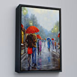 Altın Çerçeveli Yağmurda Yürüyen Romantik Çift Yağlıboya Görünüm Dekoratif Kanvas Duvar Tablosu