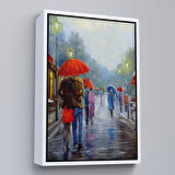 Altın Çerçeveli Yağmurda Yürüyen Romantik Çift Yağlıboya Görünüm Dekoratif Kanvas Duvar Tablosu