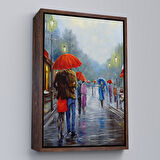 Altın Çerçeveli Yağmurda Yürüyen Romantik Çift Yağlıboya Görünüm Dekoratif Kanvas Duvar Tablosu