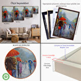 Altın Çerçeveli Yağmurda Yürüyen Romantik Çift Yağlıboya Görünüm Dekoratif Kanvas Duvar Tablosu