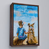 Beyaz Çerçeveli Göl Kenarında Oturan Çocuk ve Köpeği Duvar Tablo