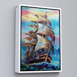 Beyaz Çerçeveli Yağlı Boya Görünümlü Yelkenli Kanvas Tablo