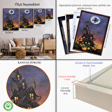 Altın Çerçeveli Süpürge İle Uçan Cadı ve Kedisi Cadılar Bayramı Helloven Duvar Tablosu