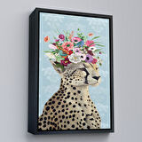 Siyah Çerçeveli Çiçek Taçlı Kraliçe Çita Kanvas Tablo