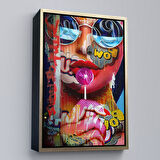Kahverengi Çerçeveli Pop Art Sokak Sanatı Renkli Kadın Dekoratif Duvar Tablosu
