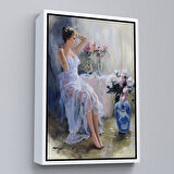 Beyaz Çerçeveli Beyaz Elbiseli Güzel Kız Dekoratif Duvar Tablosu