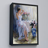 Beyaz Çerçeveli Beyaz Elbiseli Güzel Kız Dekoratif Duvar Tablosu