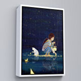 Kahverengi Çerçeveli Yıldız Toplayan Kız ve Kedi Dekoratif Duvar Tablosu