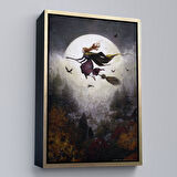 Siyah Çerçeveli Süpürge ile Uçan Cadı, Cadılar Bayramı Helloven Duvar Tablosu